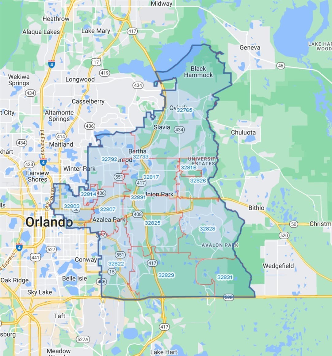Map of the Sotelos Pool Service coverage area across east Orlando, Florida