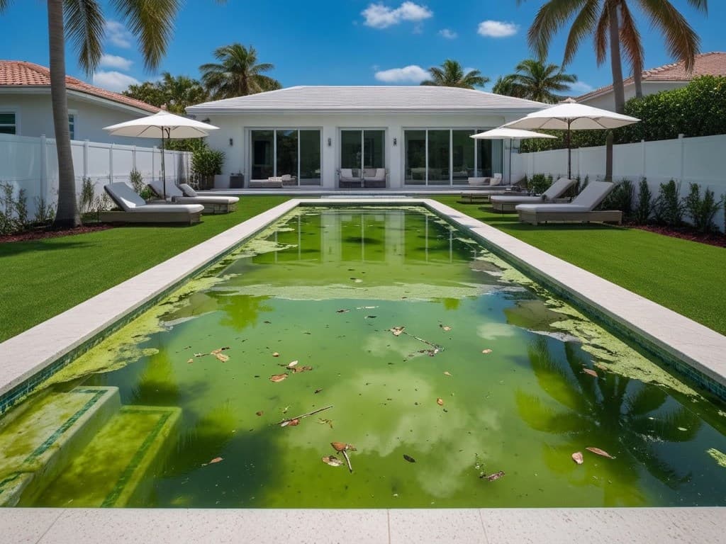 Illustration: a backyard pool turned green with algae and floating leaves